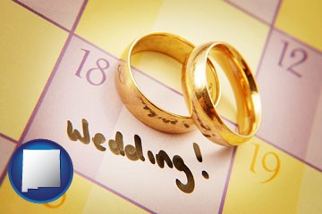 wedding day plans, with gold wedding rings - with New Mexico icon