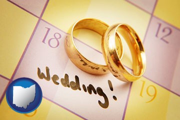 wedding day plans, with gold wedding rings - with Ohio icon
