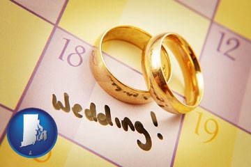 wedding day plans, with gold wedding rings - with Rhode Island icon
