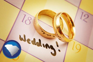 wedding day plans, with gold wedding rings - with South Carolina icon