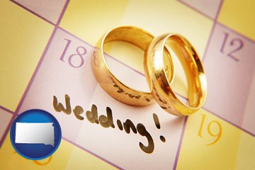 wedding day plans, with gold wedding rings - with South Dakota icon