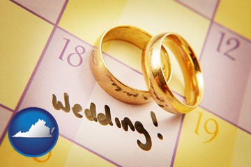 wedding day plans, with gold wedding rings - with Virginia icon