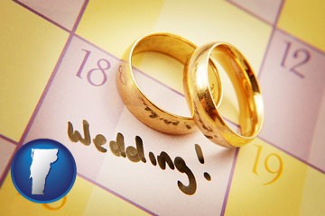 wedding day plans, with gold wedding rings - with Vermont icon