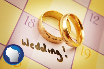 wedding day plans, with gold wedding rings - with Wisconsin icon