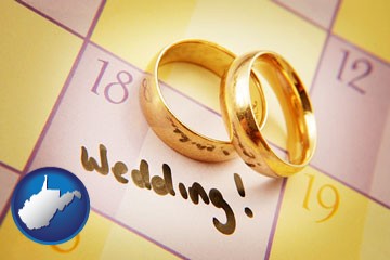 wedding day plans, with gold wedding rings - with West Virginia icon